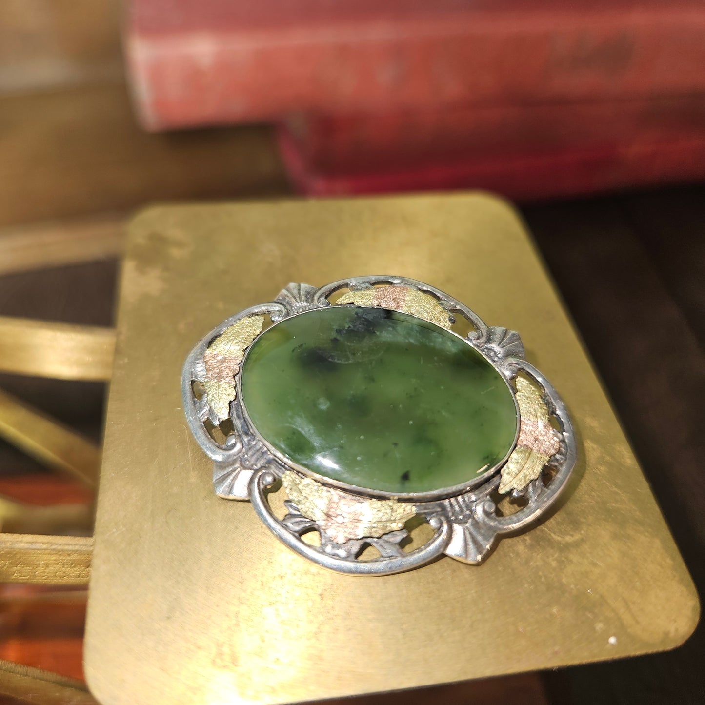 Vintage Sterling Jade Brooch Conley Co Two Tone Filigree Pin