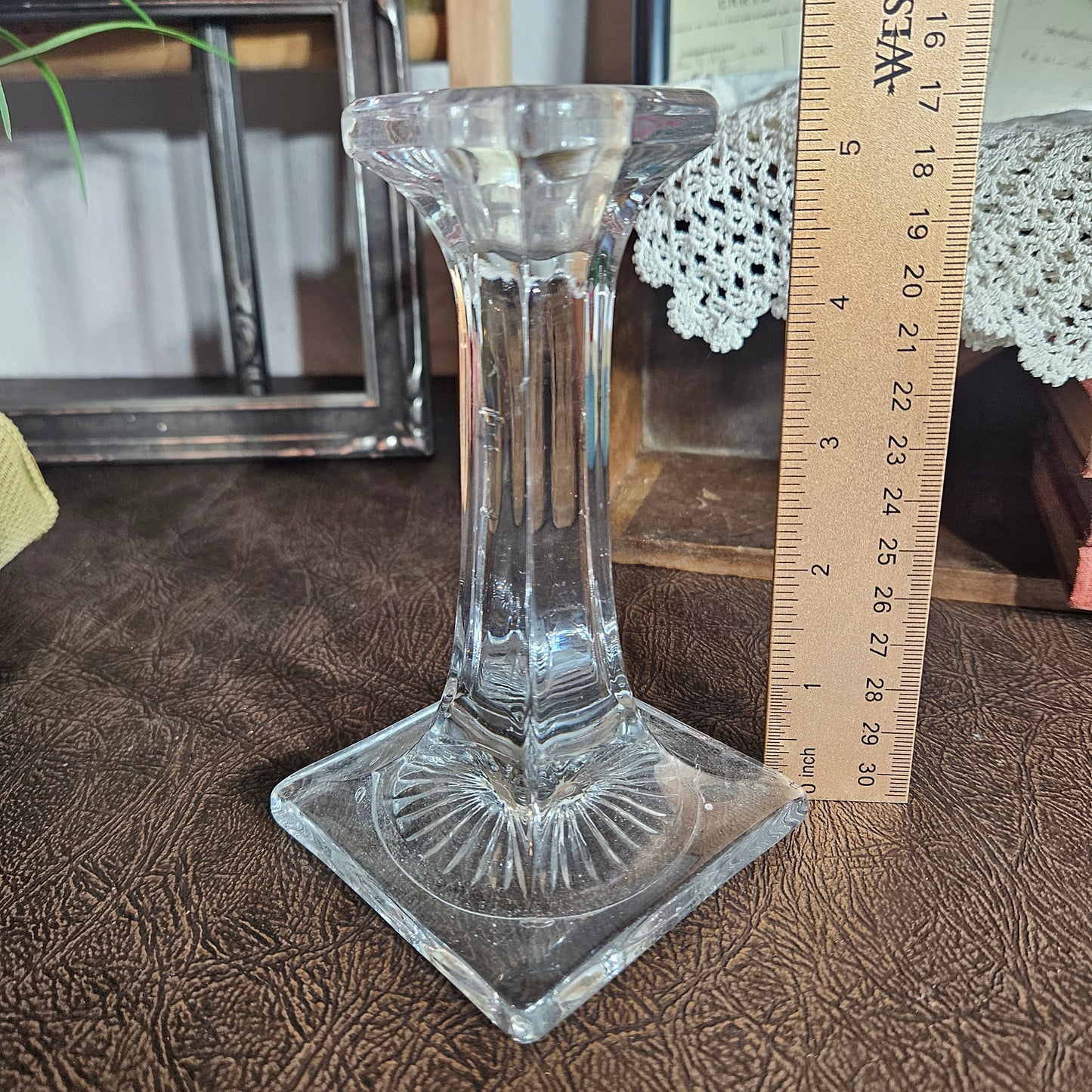 Vintage Clear Glass Candlestick Square Base Holder