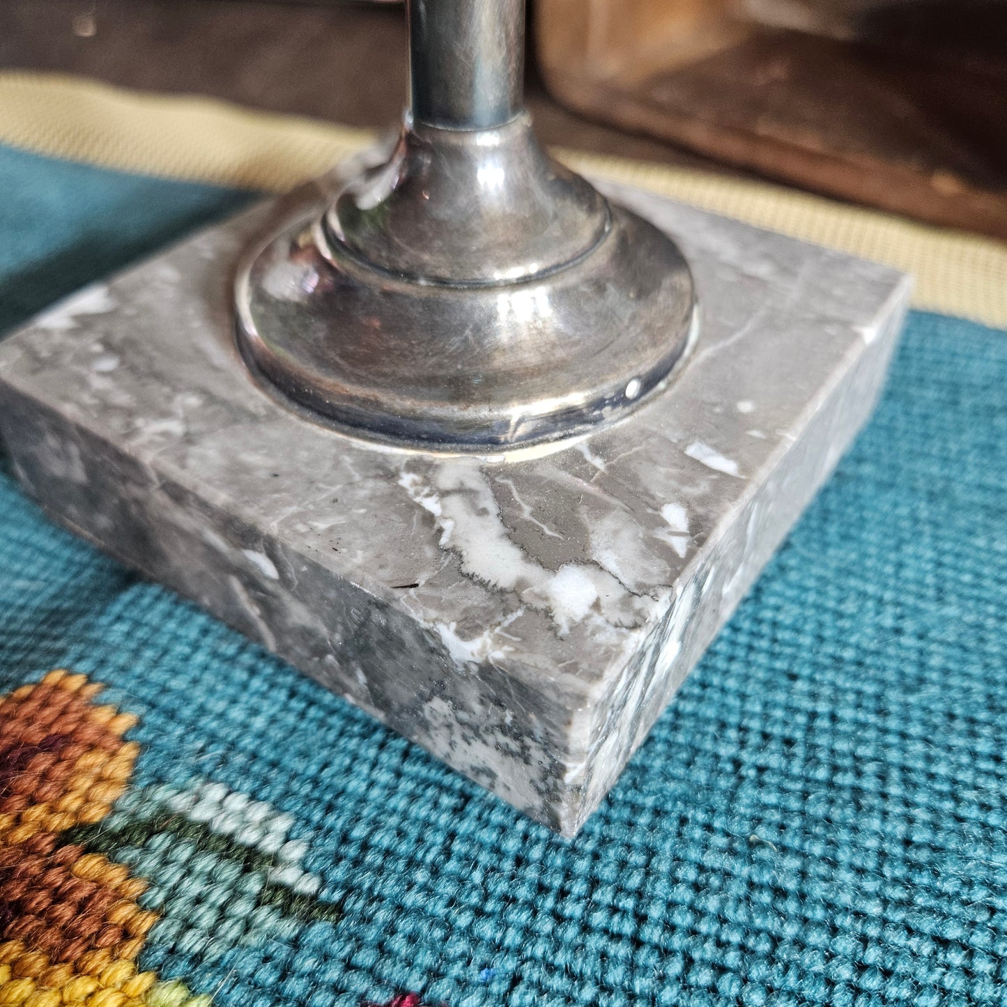 Green Glass Candlestick Marble Base Silver Stem