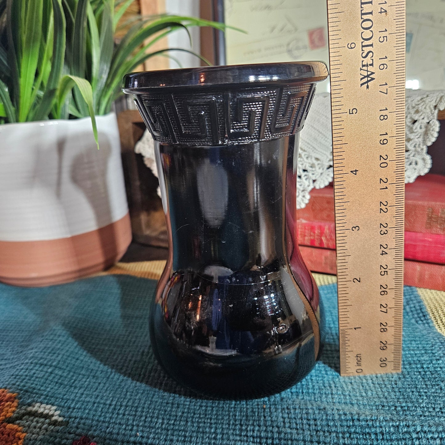 Dark Glass Vase with Greek Key Band