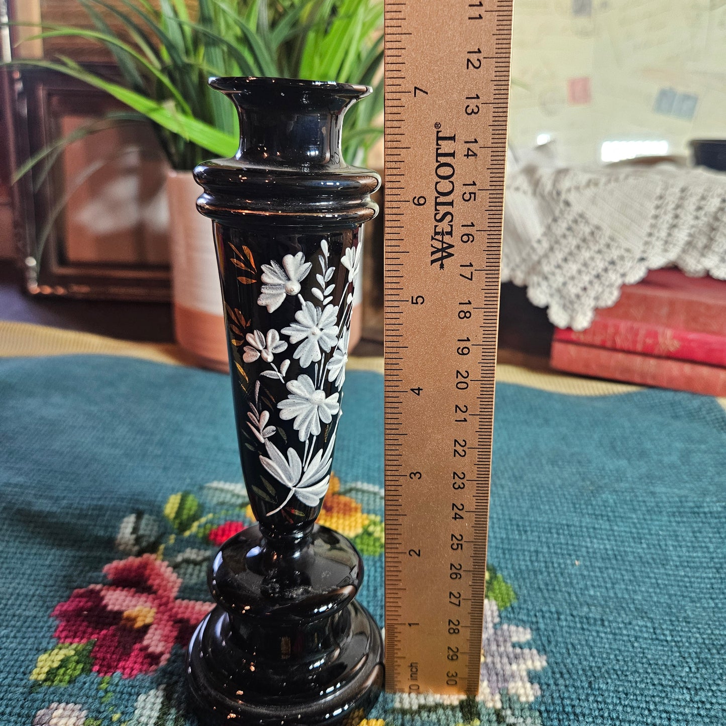 Black Milk Glass Vase with White Floral Design