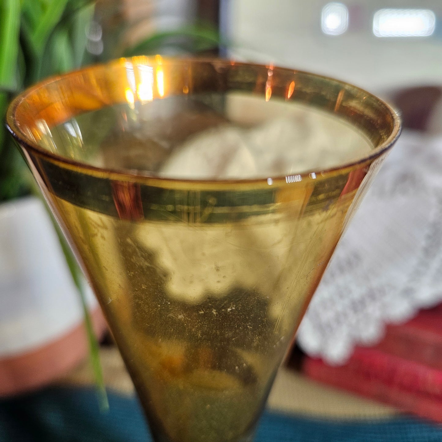 Amber Glass Hand-Painted Floral Bud Vase