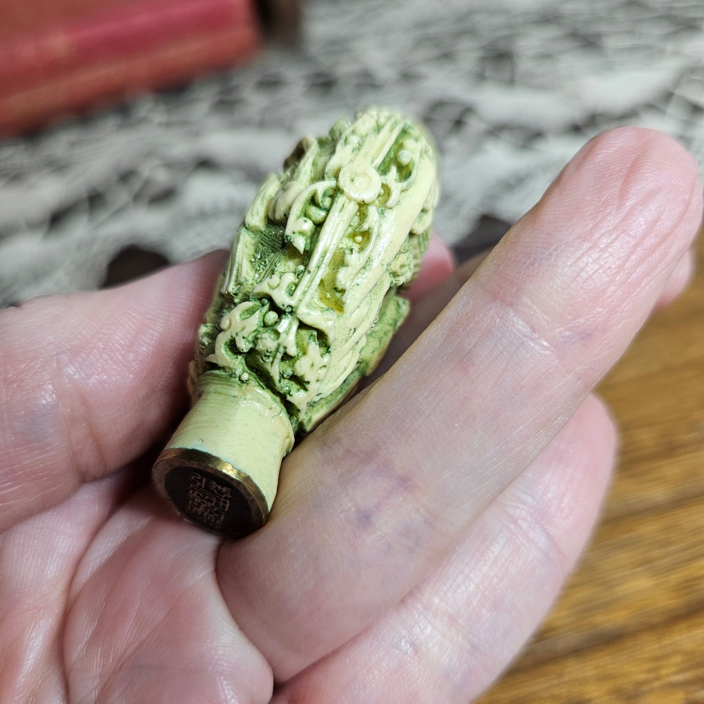 Vintage Mini Asian Snuff Bottle Green Relief Figure Bottle