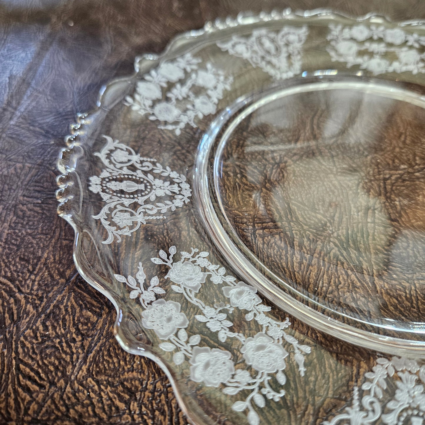 Vintage Etched Glass Dinner Plate Tiffin "Cherokee Rose"