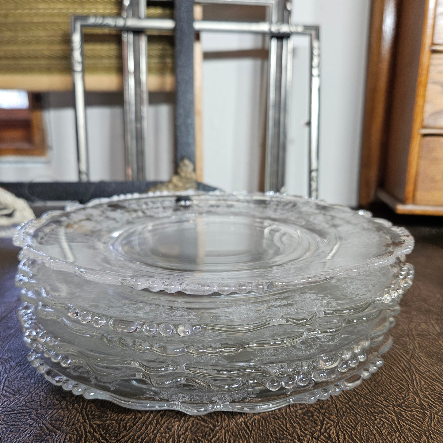 Set of 8 Tiffin Etched Glass Plates "Cherokee Rose'