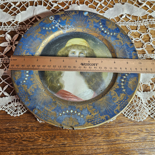 1905 Antique Portrait Tin Tray | Blue & Gold Victorian Lady