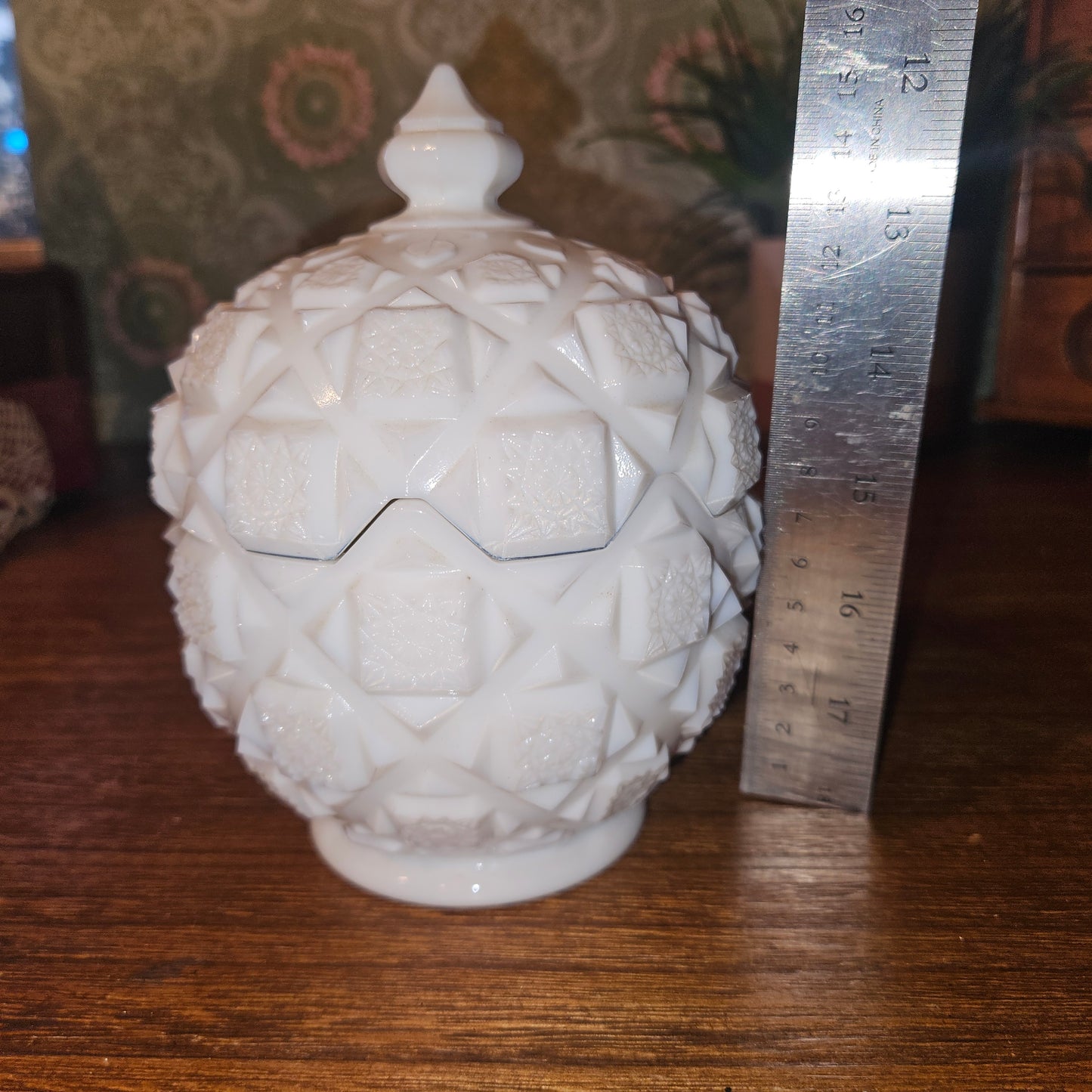 Westmorelan Old Quilt Milk Glass Covered Candy Dish