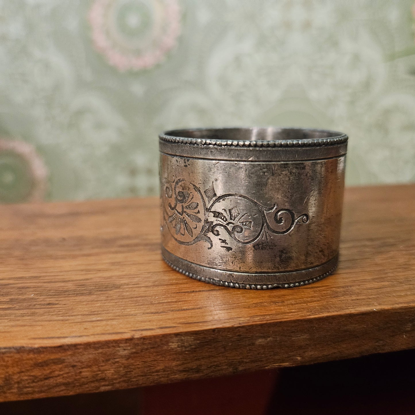 Engraved Floral Beaded Silver-Tone Napkin Ring