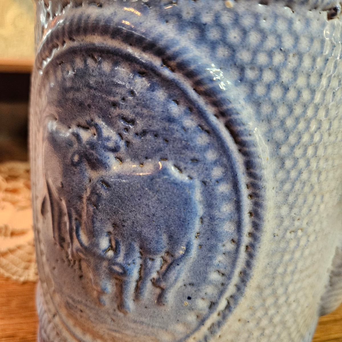 Antique Blue Salt Glaze Stoneware Cow Relief Pitcher