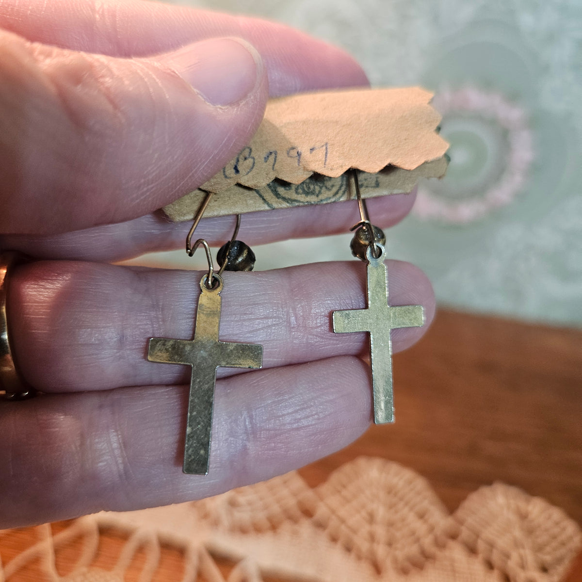 Blue Rhinestone Cross Dangle Earrings