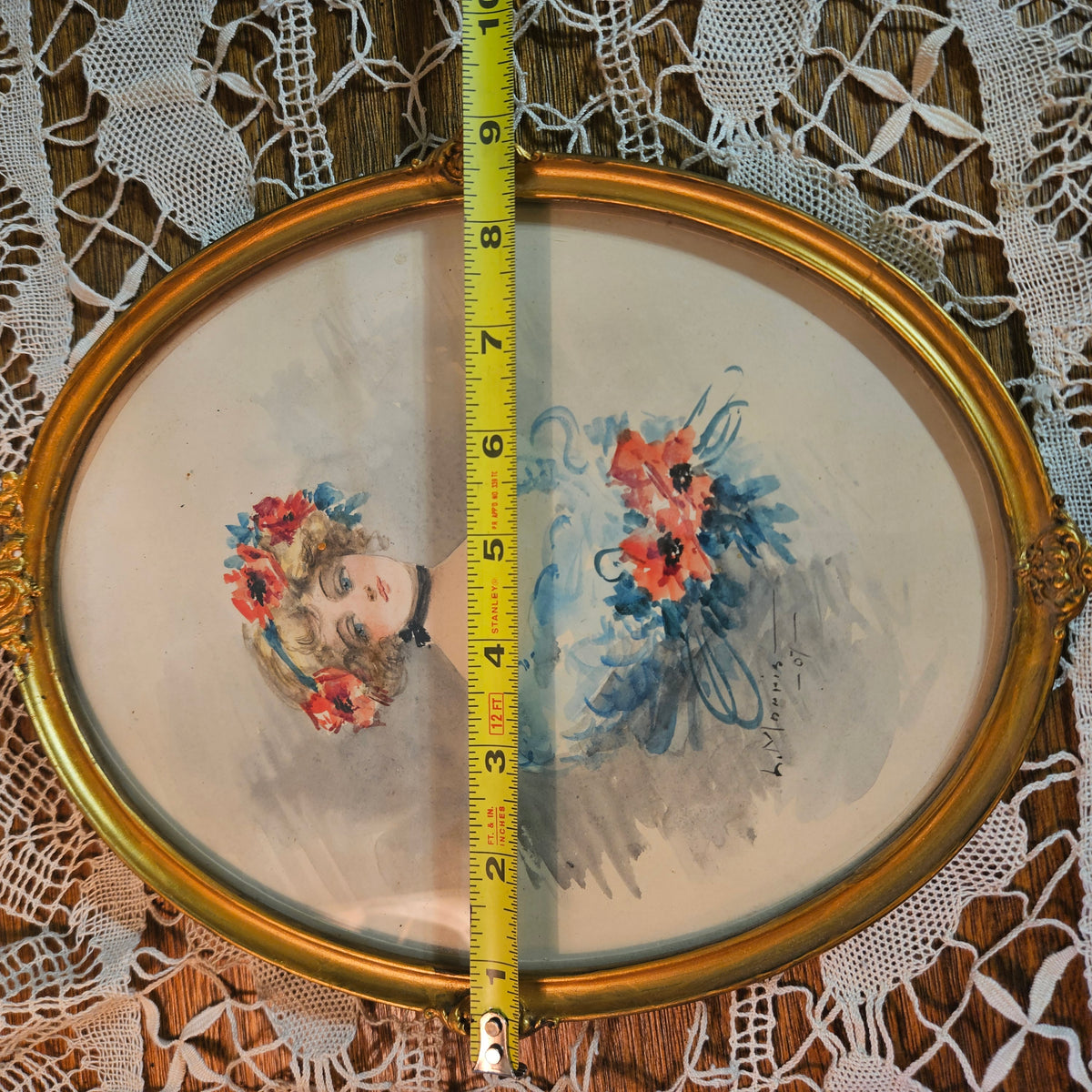 1907 Signed Lady Portrait Print in Ornate Gilt Oval Frame