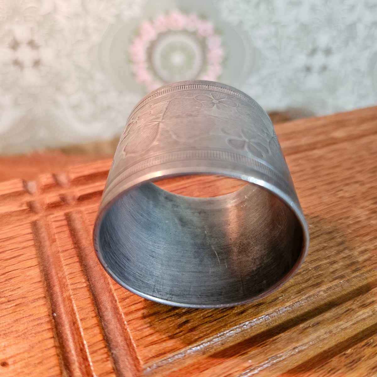 Vintage Engraved Silver-Tone Floral Napkin Ring