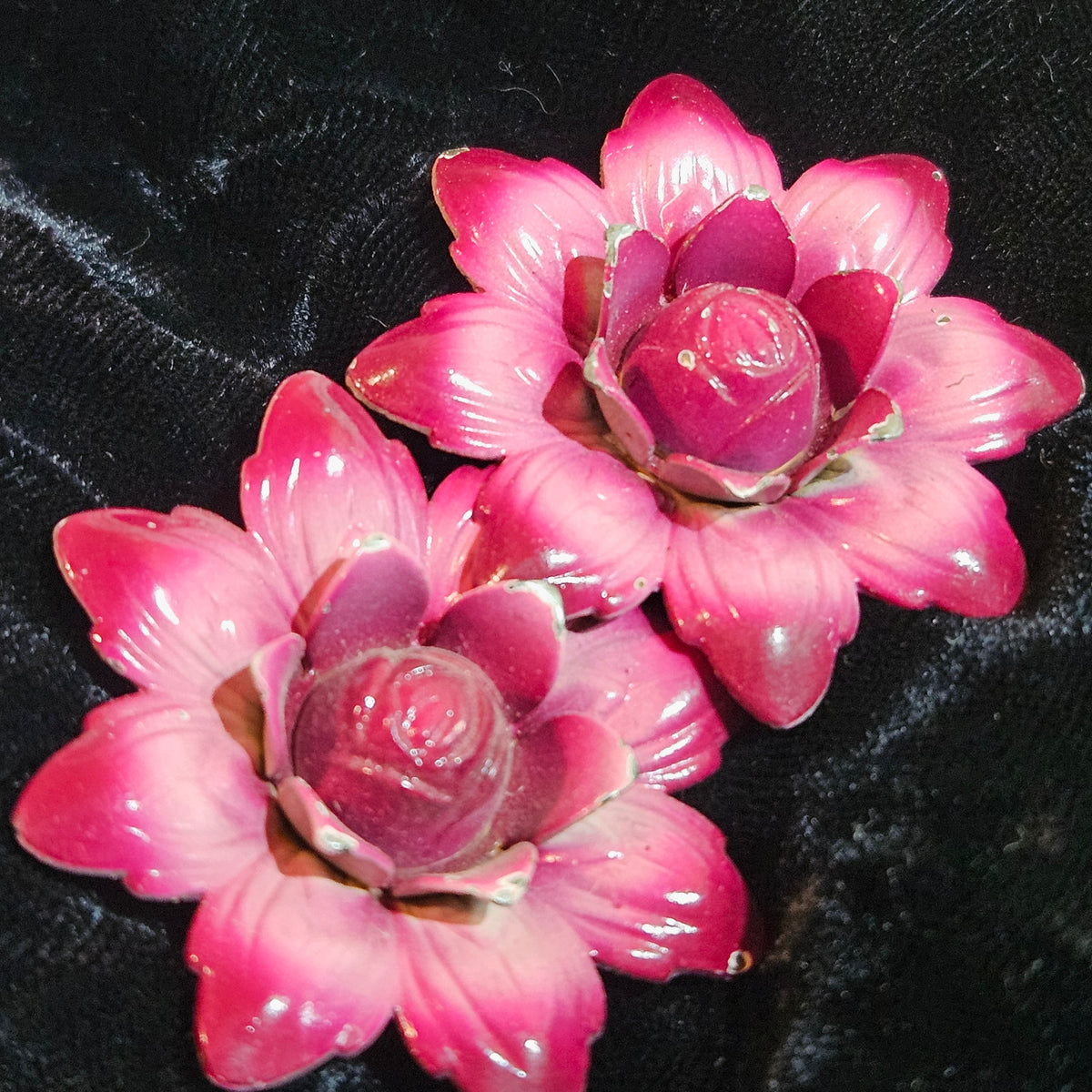 Pair of Vintage Pink Enamel Flower Candle Pins
