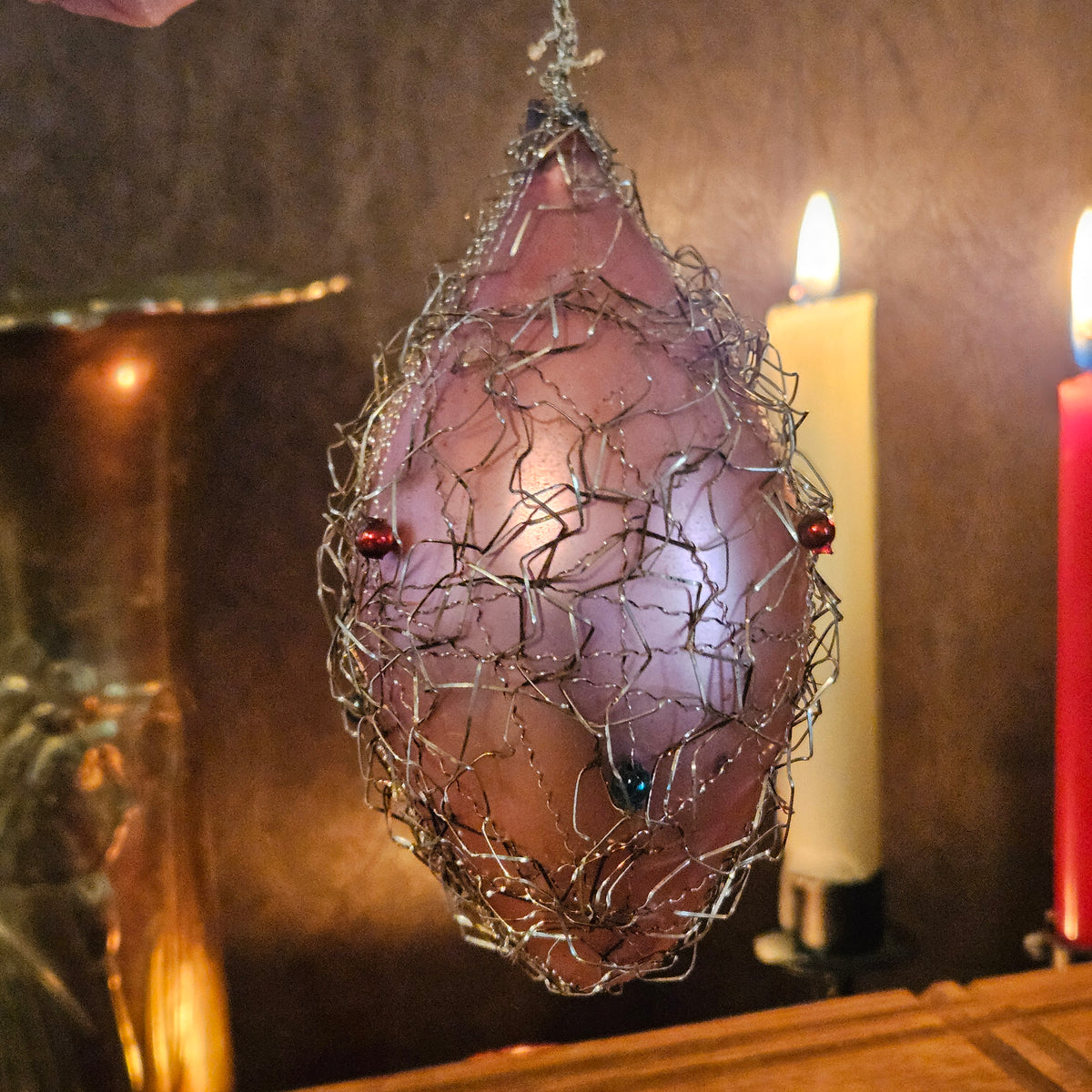 Vintage Pink Glass Wire-Wrapped Beaded Christmas Ornament
