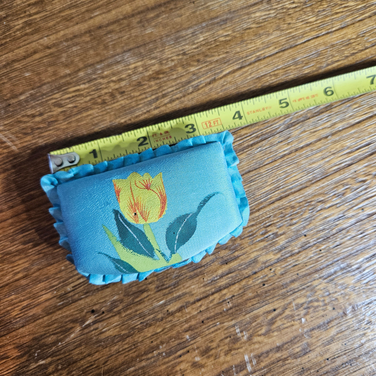 Vintage Blue Satin Trinket Box with Yellow Tulip – Small Keepsake Box