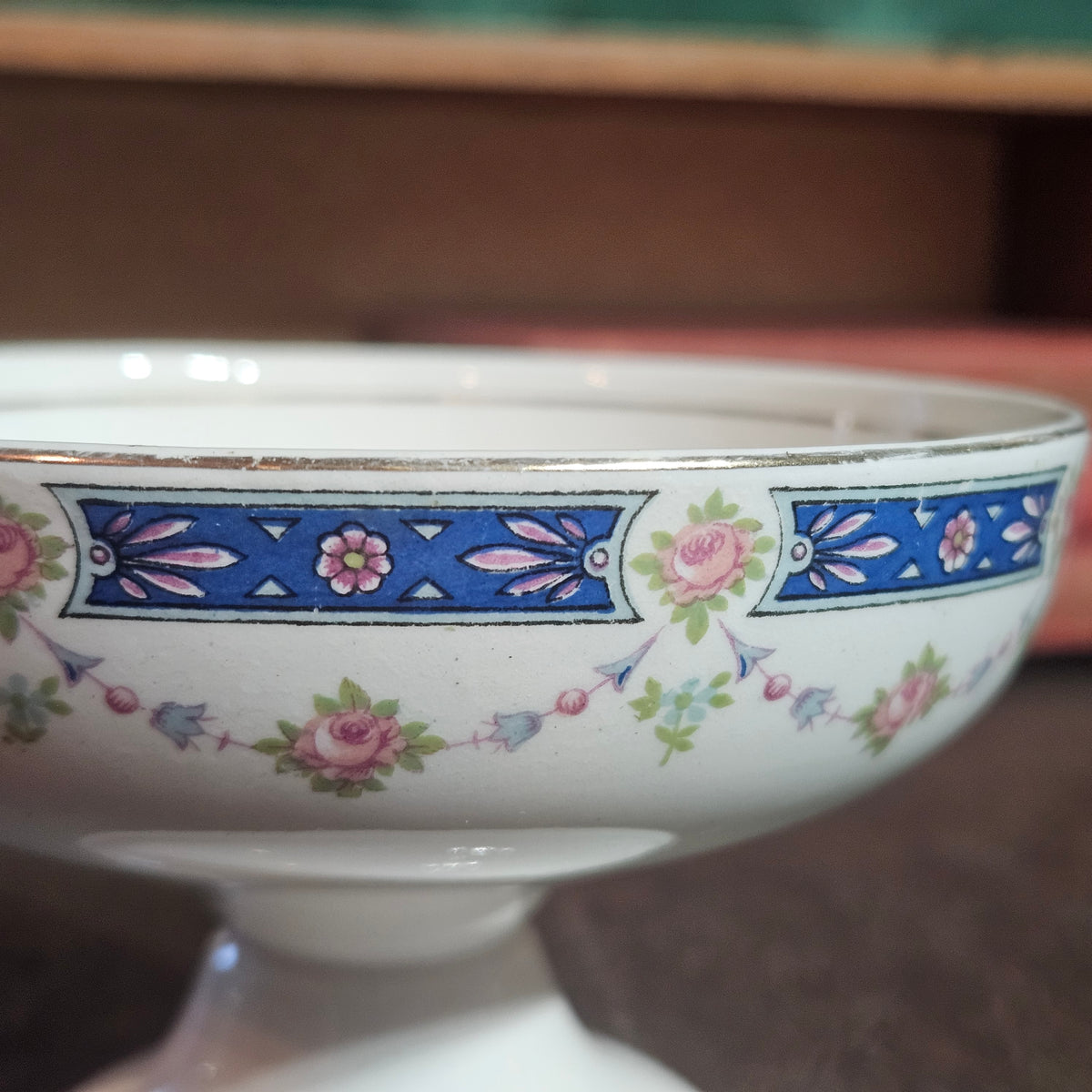 Floral Pedestal Compote Pink Roses & Cobalt Blue