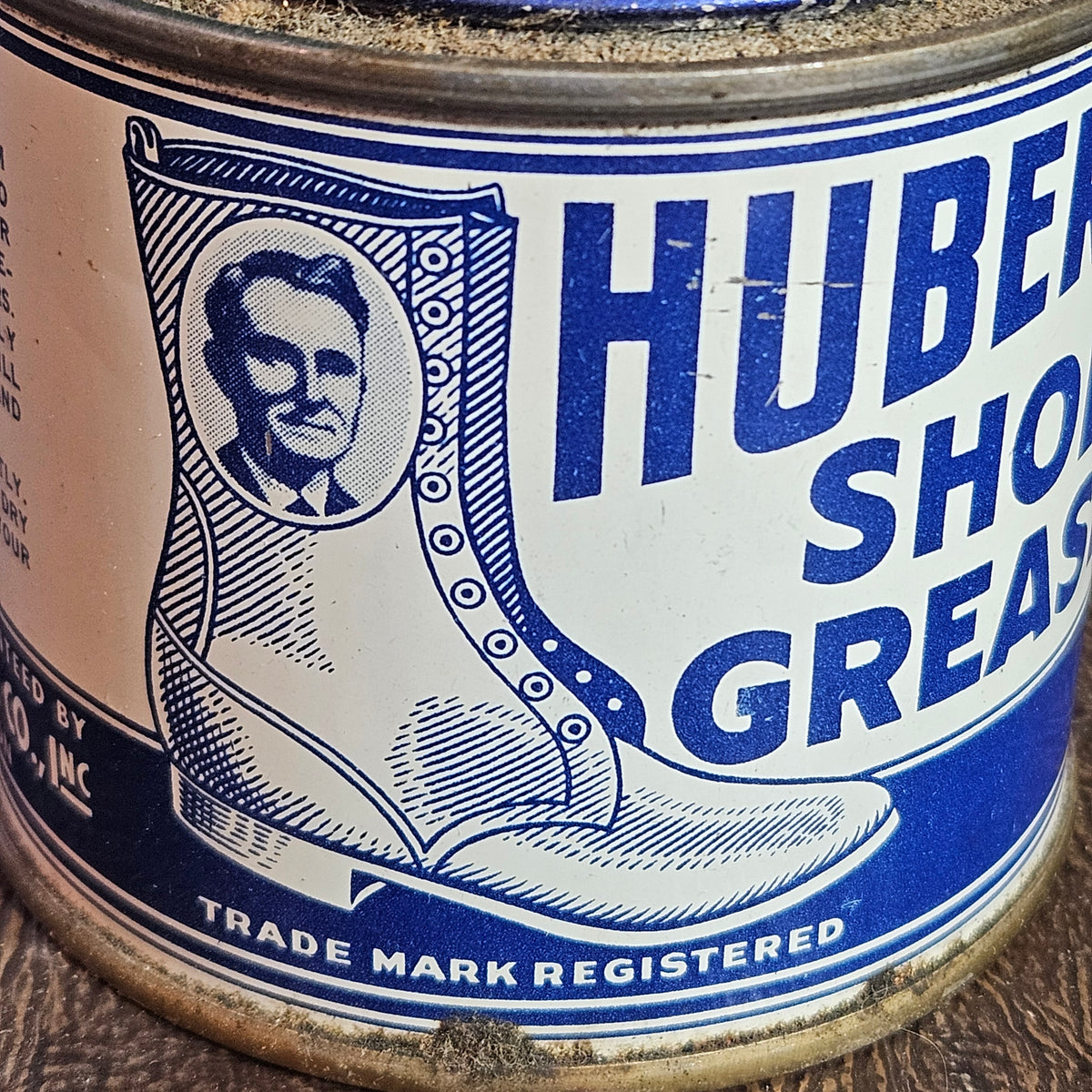 Hubert’s Shoe Grease Advertising Tin with Blue Glass Insert