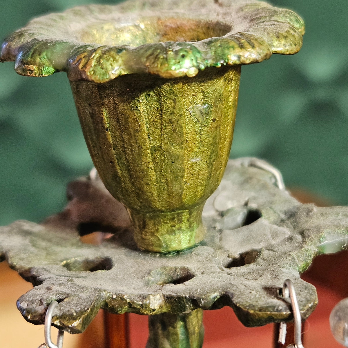Figural 3 Arm Candelabra with Amber Glass Prisms
