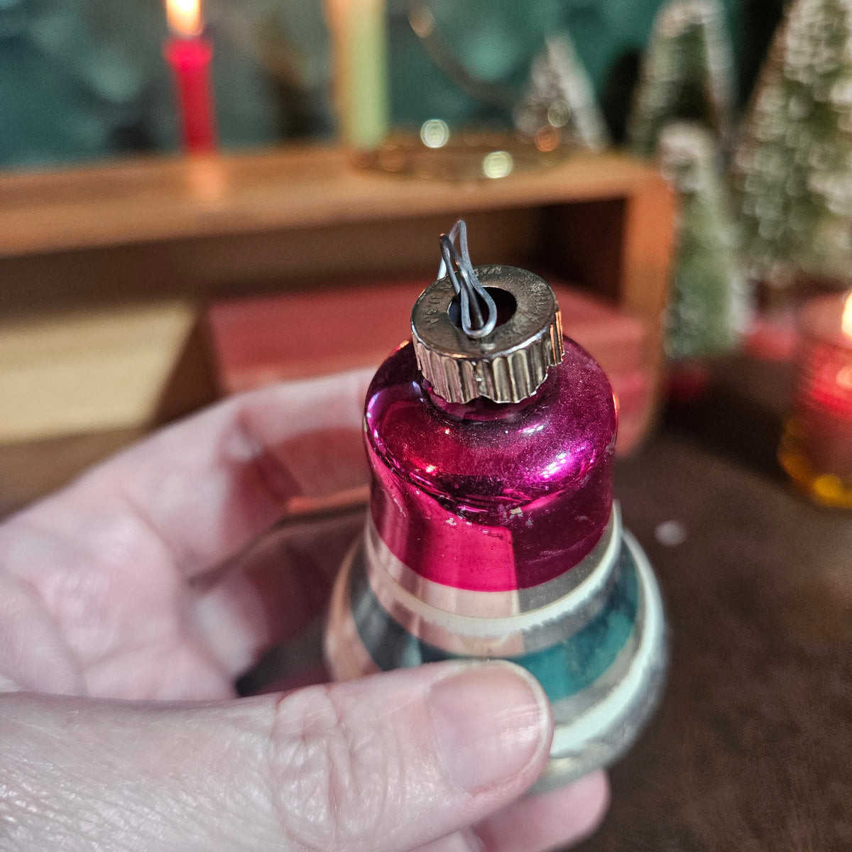 Red and Teal Striped Glass Bell Ornament