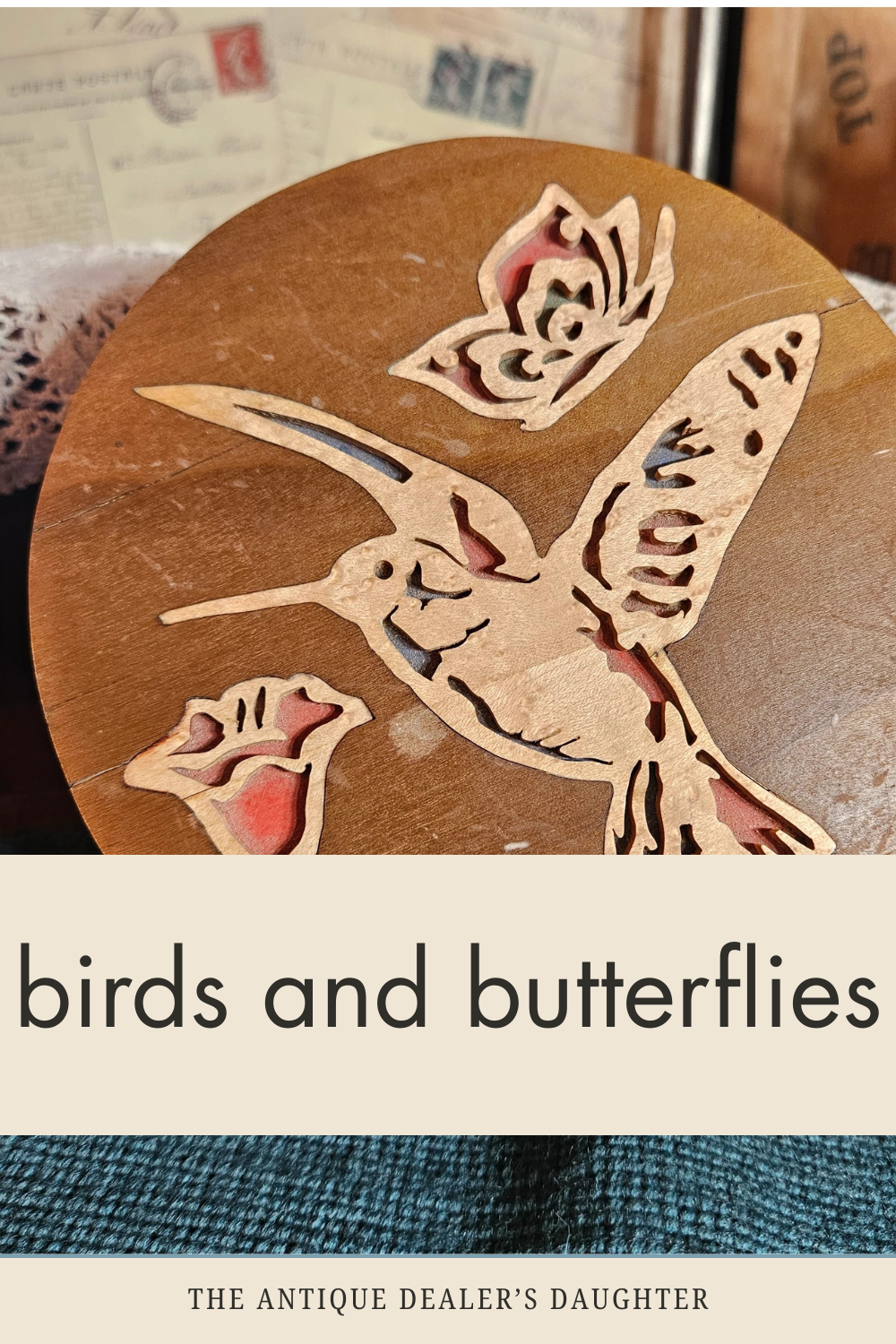 Vintage Wooden Jewelry Box Carved Bird Lid Red Interior