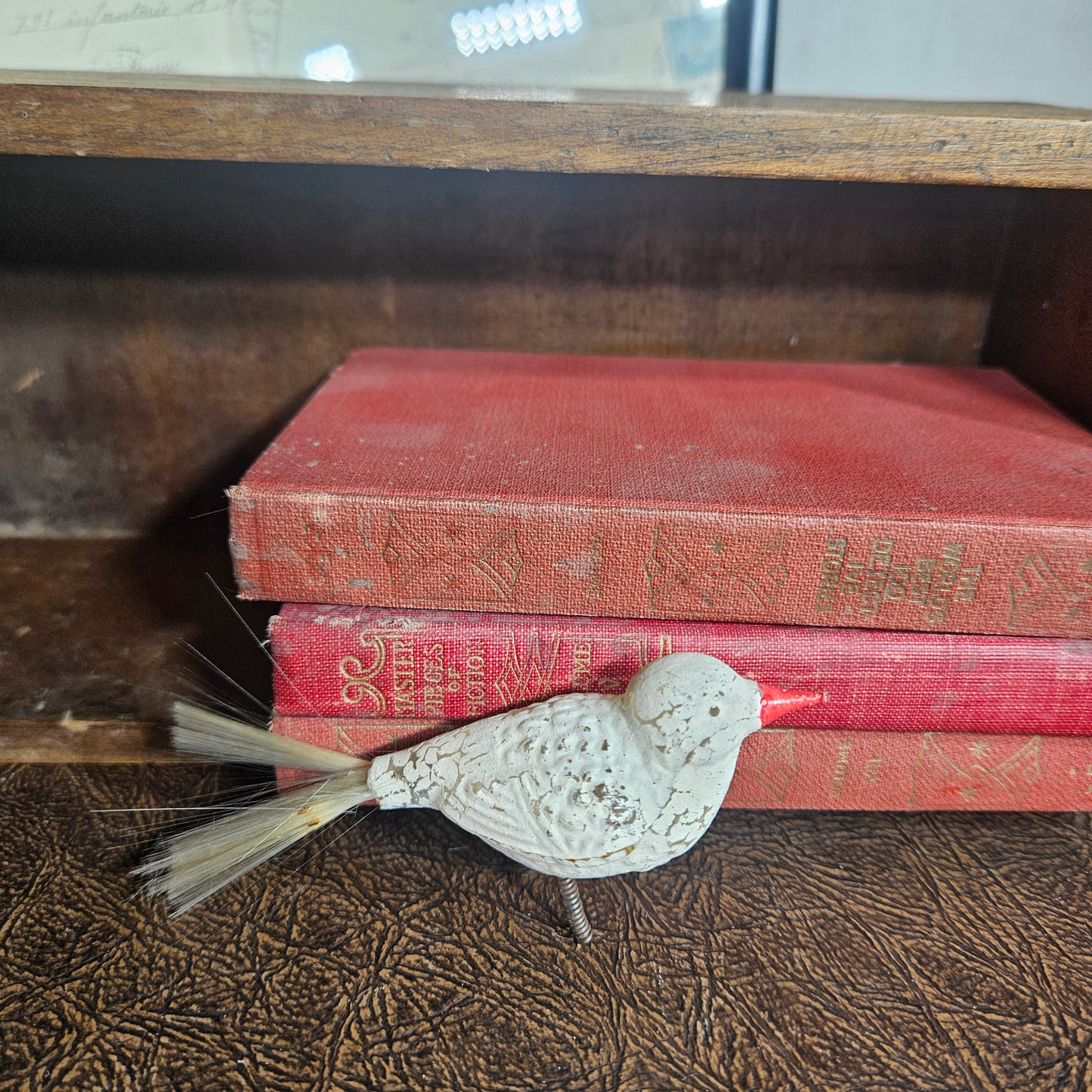 Decorative bird on a wooden shelf with a red book germany or ukraine