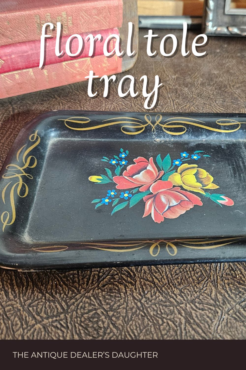 Black Floral Tole Style Metal Tray
