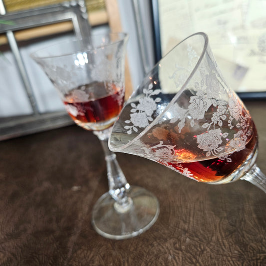 Vintage Etched Floral Wine Glasses Set of 2 Elegant Stemware
