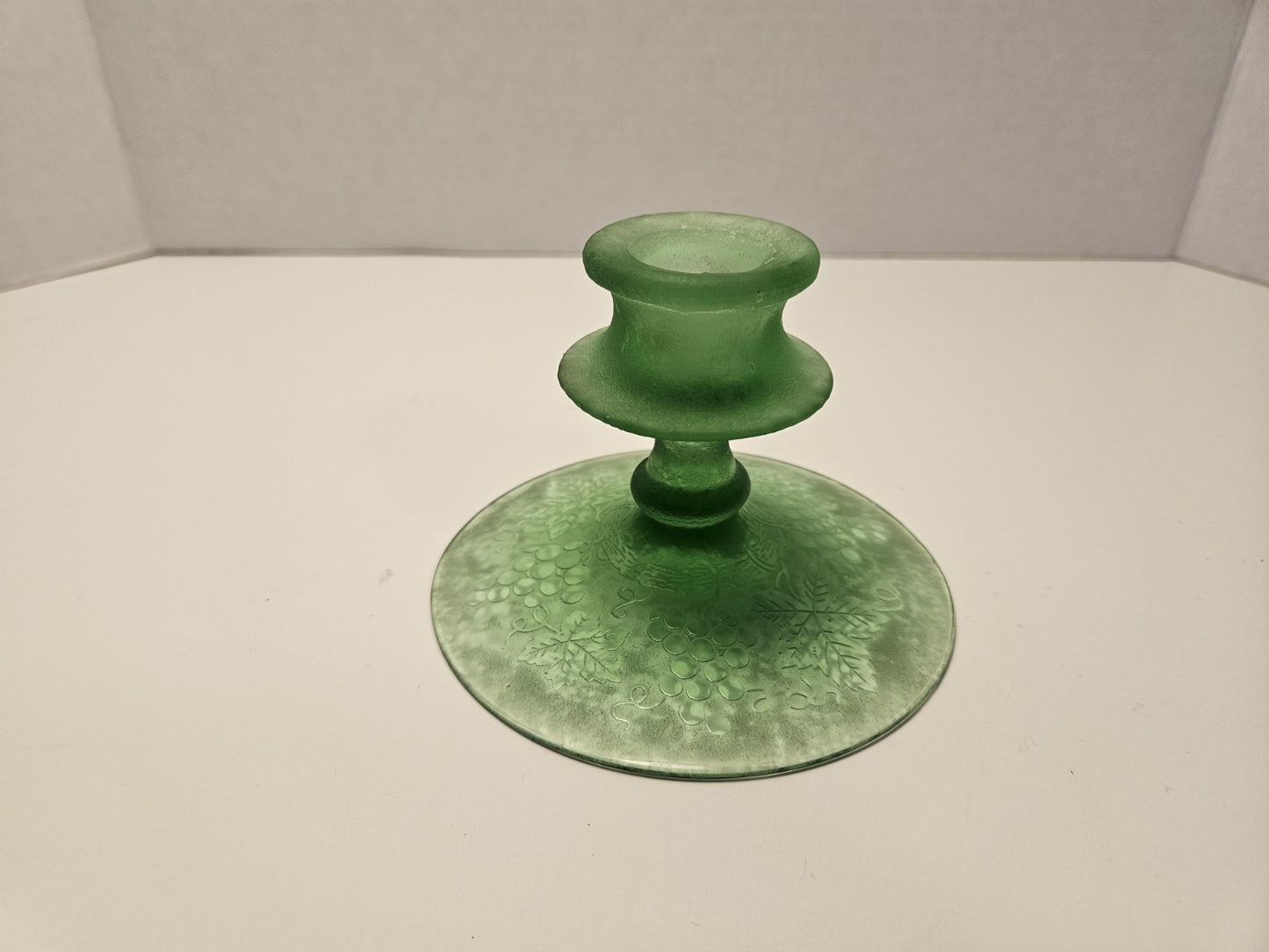 Fostoria Console Bowl and candle stick holders "Grape Green", Etch No. 287.