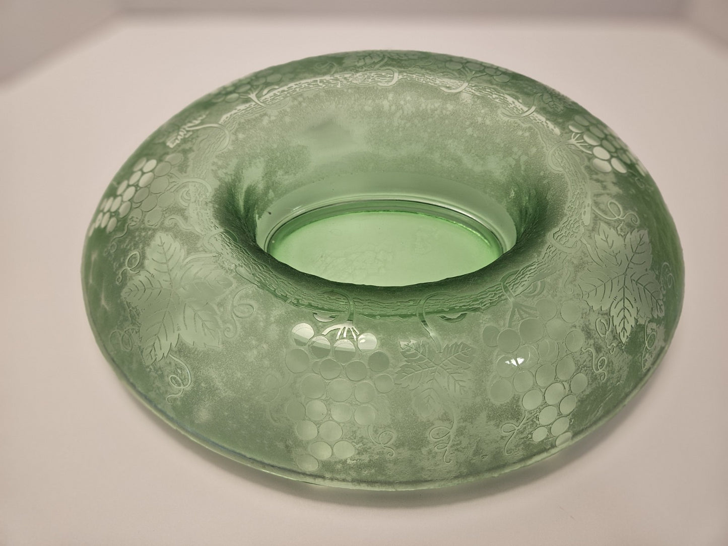 Fostoria Console Bowl and candle stick holders "Grape Green", Etch No. 287.