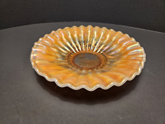 Orange Iridescent Carnival Glass Ruffled Decorative Plate, 7 Inch Round