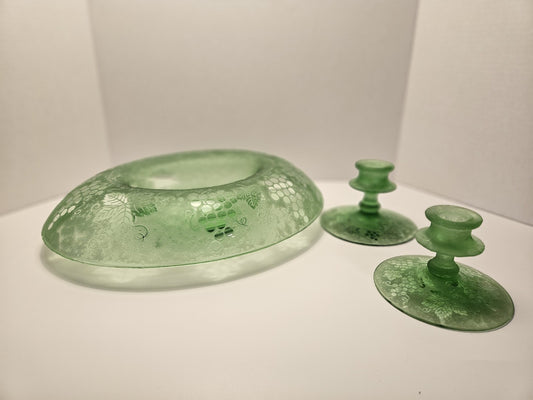Fostoria Console Bowl and candle stick holders "Grape Green", Etch No. 287.