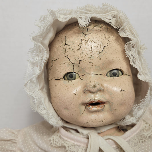 Antique Composition Baby Doll 24” Vintage w Bonnet Dress – Repair or Display