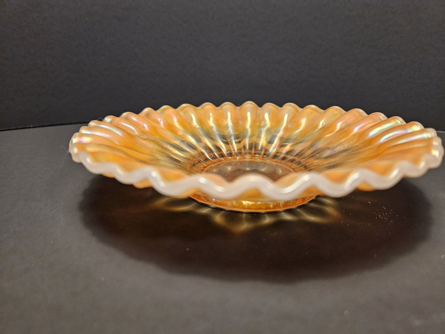 Orange Iridescent Carnival Glass Ruffled Decorative Plate, 7 Inch Round