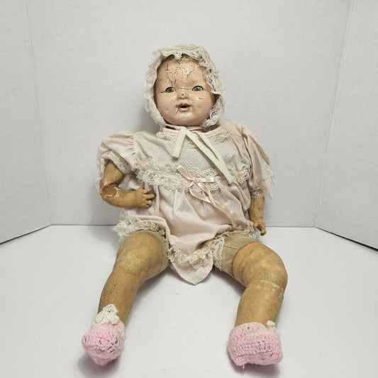 Antique Composition Baby Doll 24” Vintage w Bonnet Dress – Repair or Display