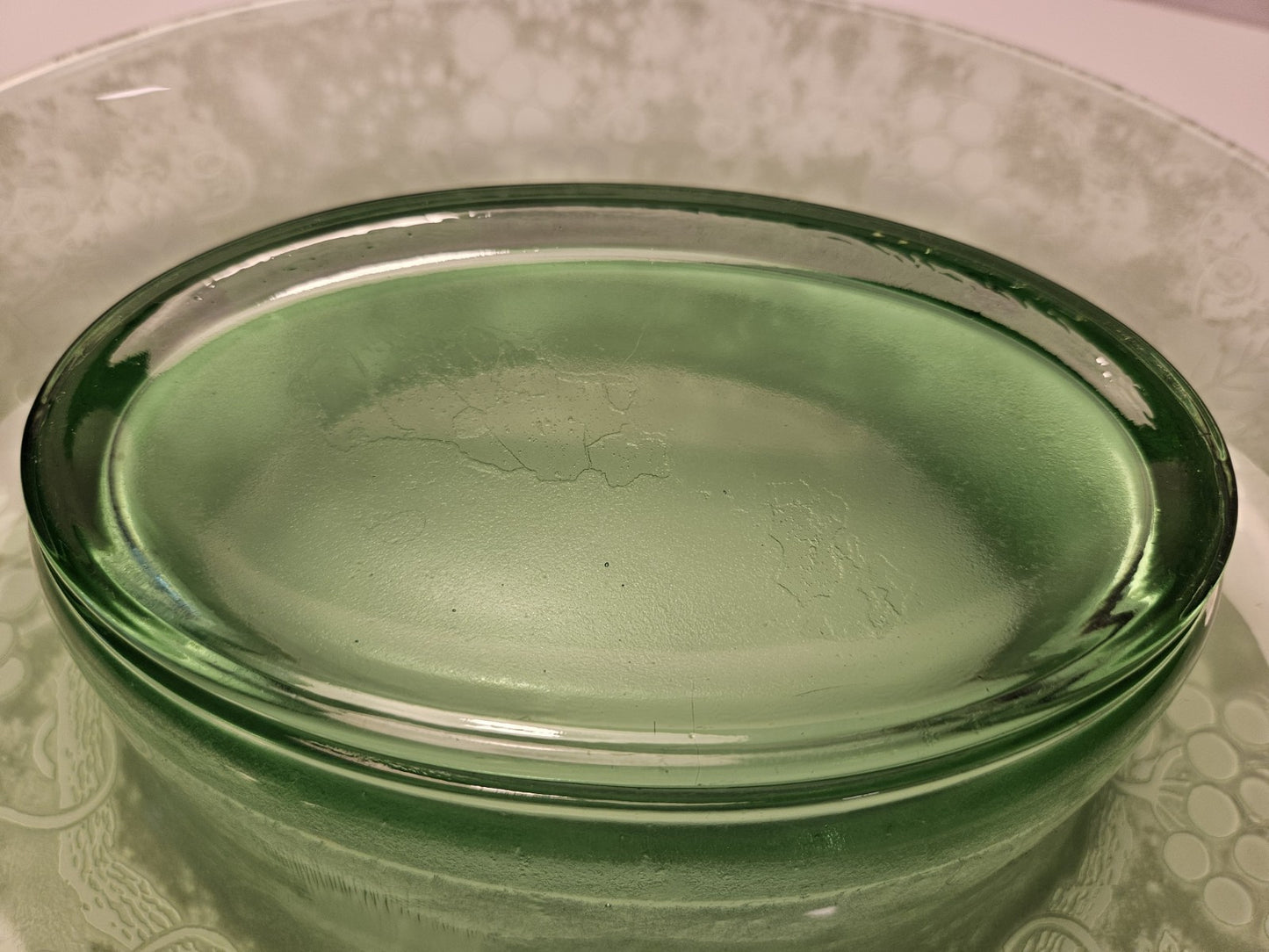 Fostoria Console Bowl and candle stick holders "Grape Green", Etch No. 287.