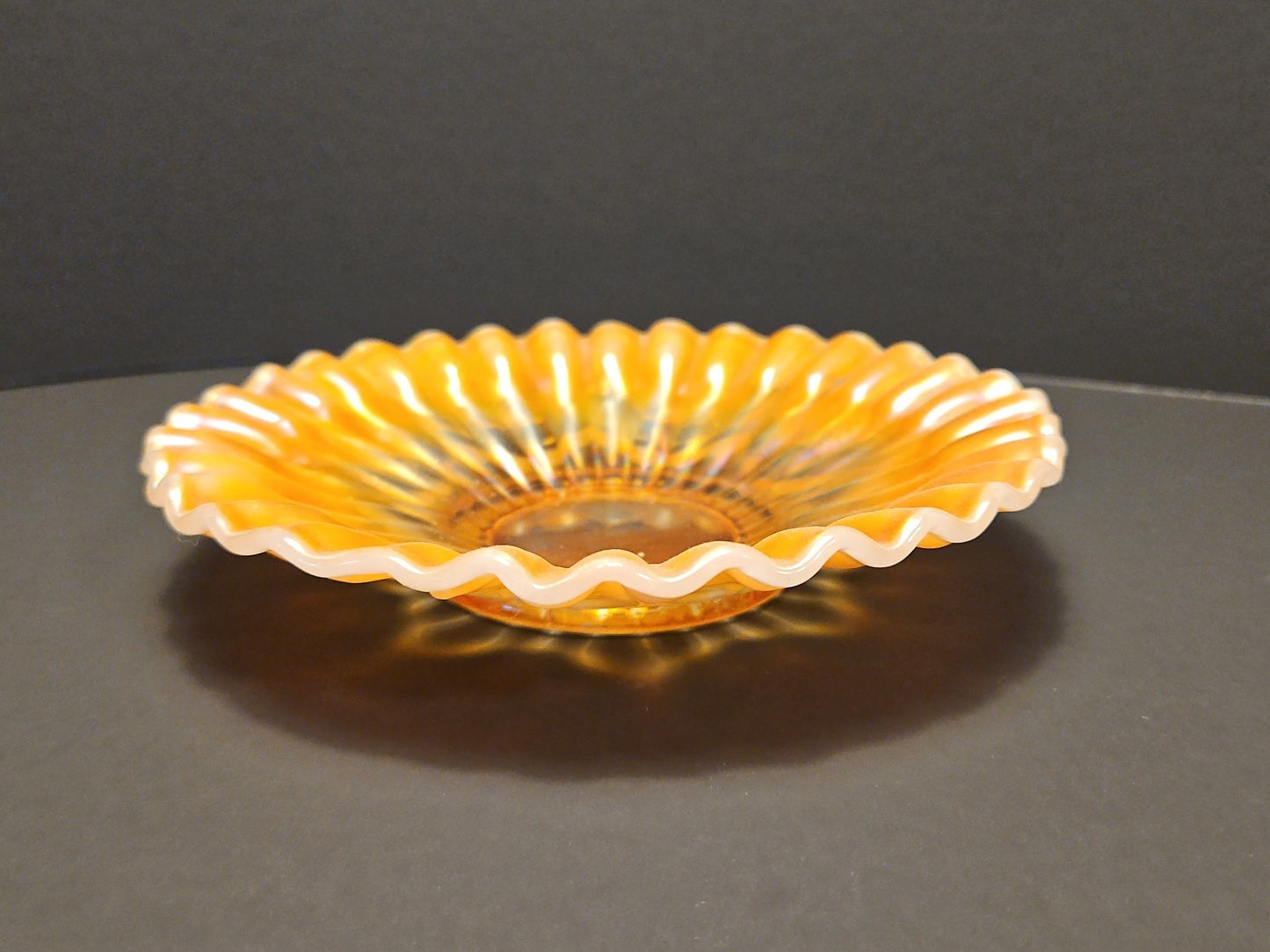 Orange Iridescent Carnival Glass Ruffled Decorative Plate, 7 Inch Round