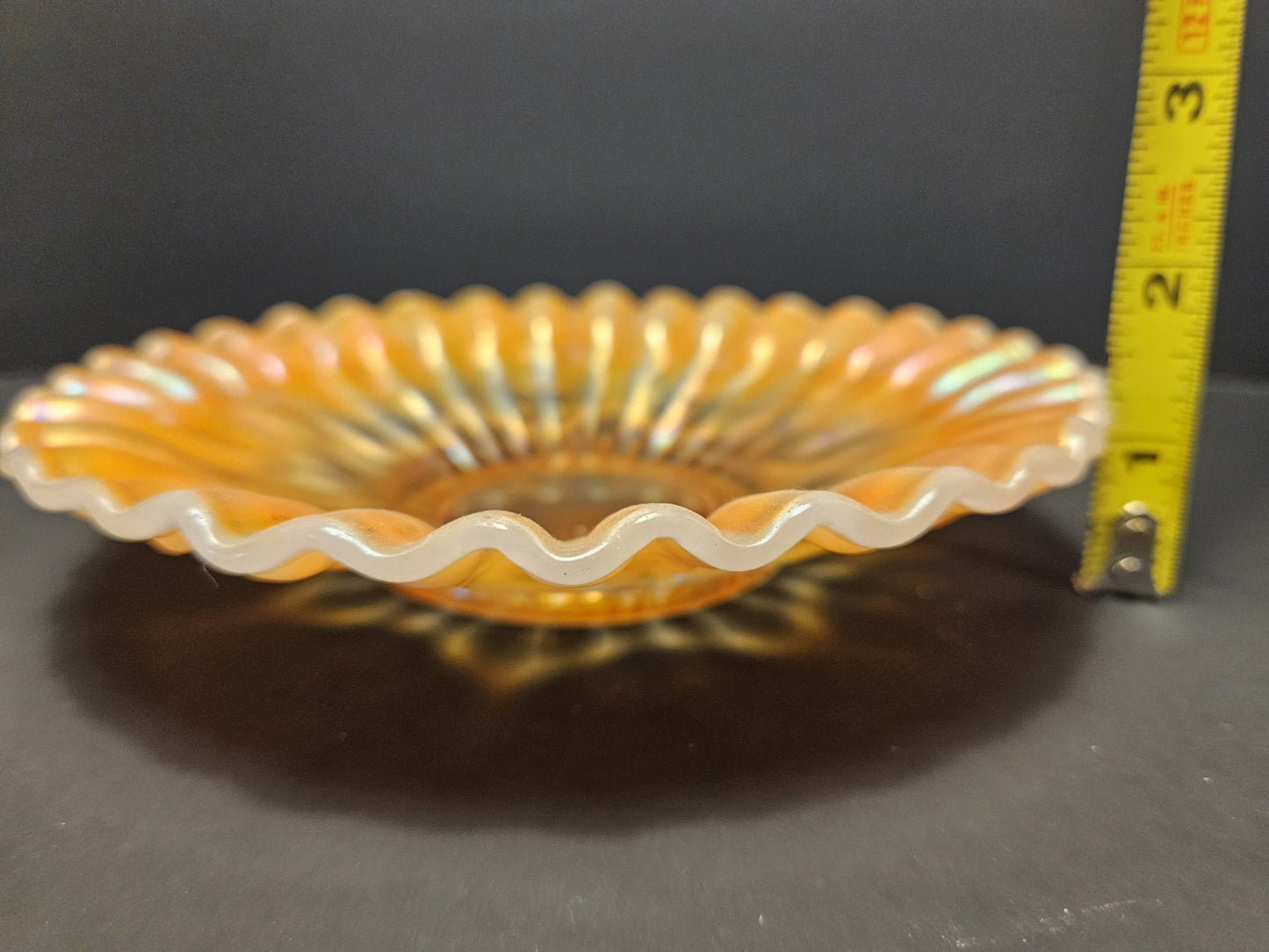 Orange Iridescent Carnival Glass Ruffled Decorative Plate, 7 Inch Round