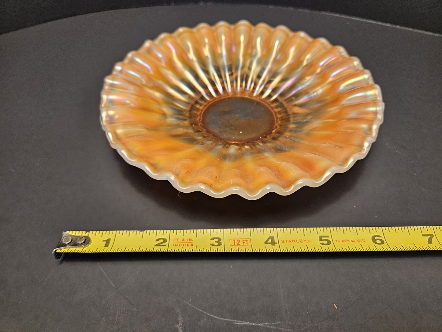 Orange Iridescent Carnival Glass Ruffled Decorative Plate, 7 Inch Round