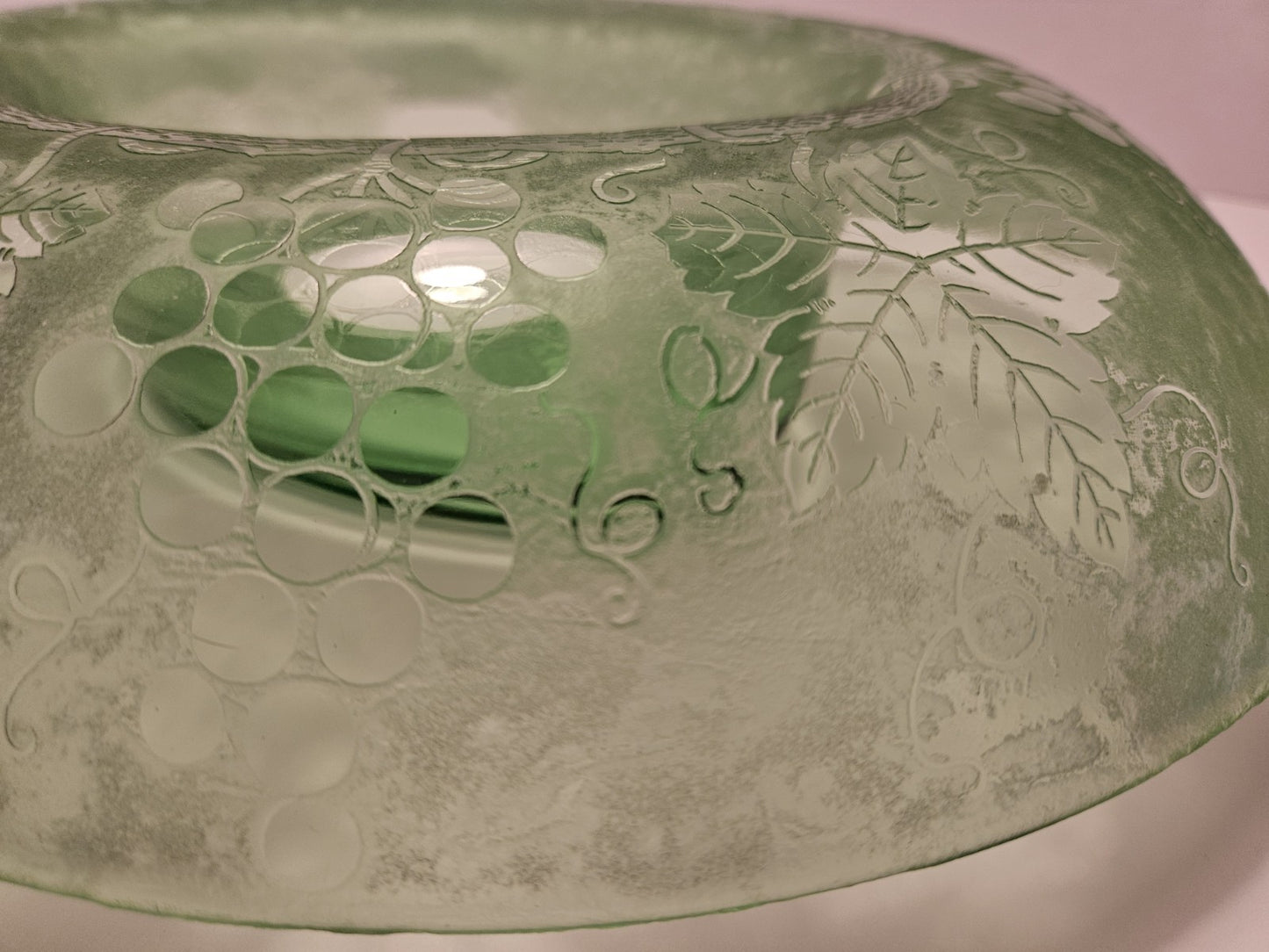 Fostoria Console Bowl and candle stick holders "Grape Green", Etch No. 287.