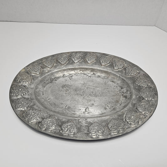 Vintage Metal Serving Platter Embossed Heart Border Oval