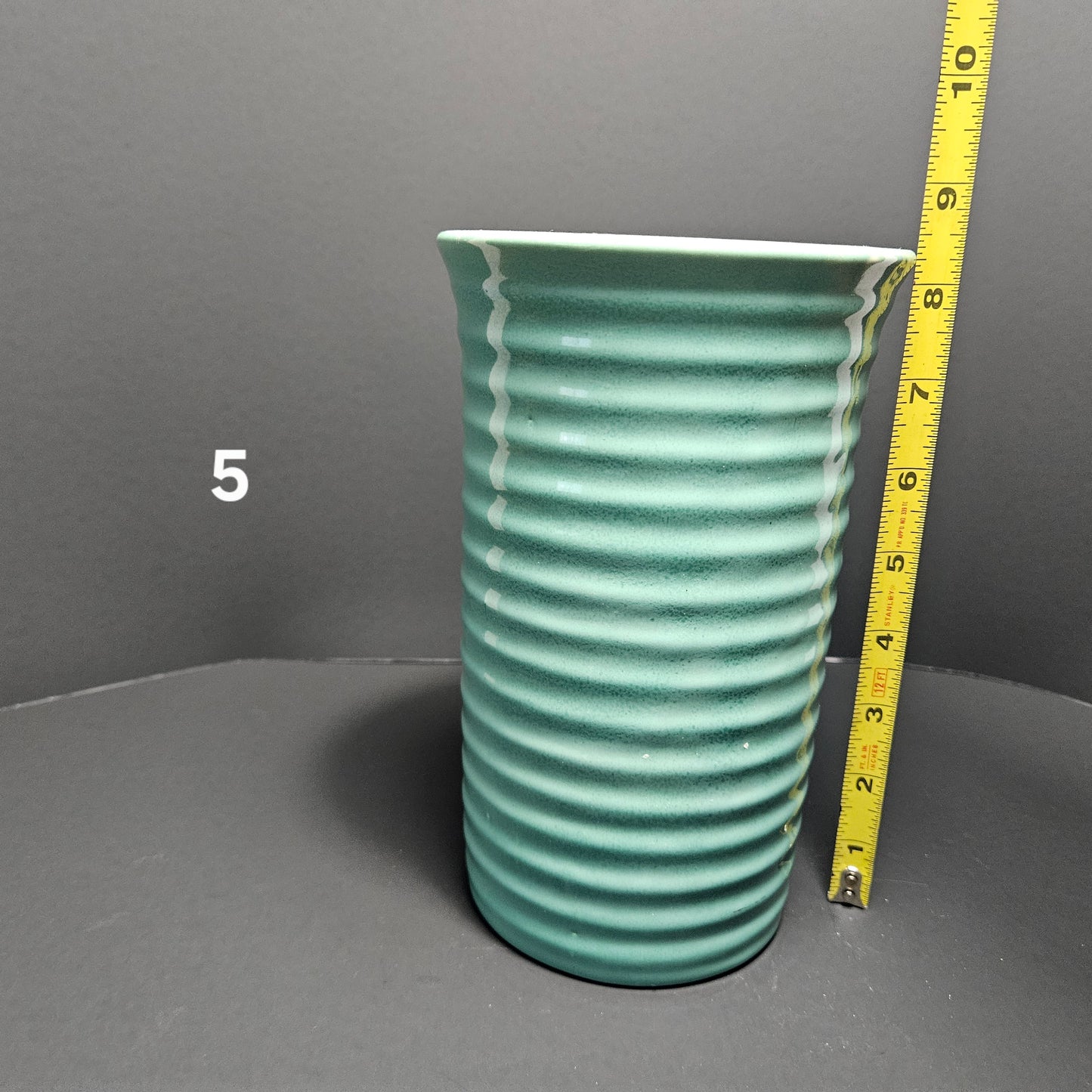 Vintage Turquoise Ribbed Ceramic Vase Mid Century Style
