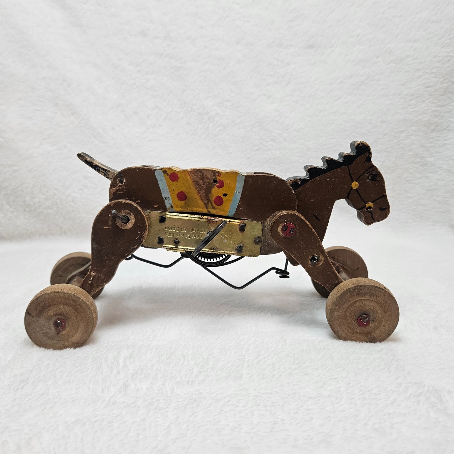 Vintage Wind-Up Walking Horse Toy Made in Japan Mechanical Pull Toy 1950s Wooden Toy
