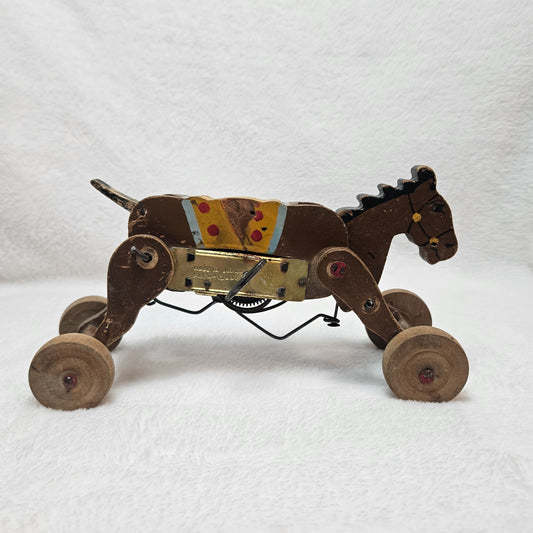 Vintage Wind-Up Walking Horse Toy Made in Japan Mechanical Pull Toy 1950s Wooden Toy