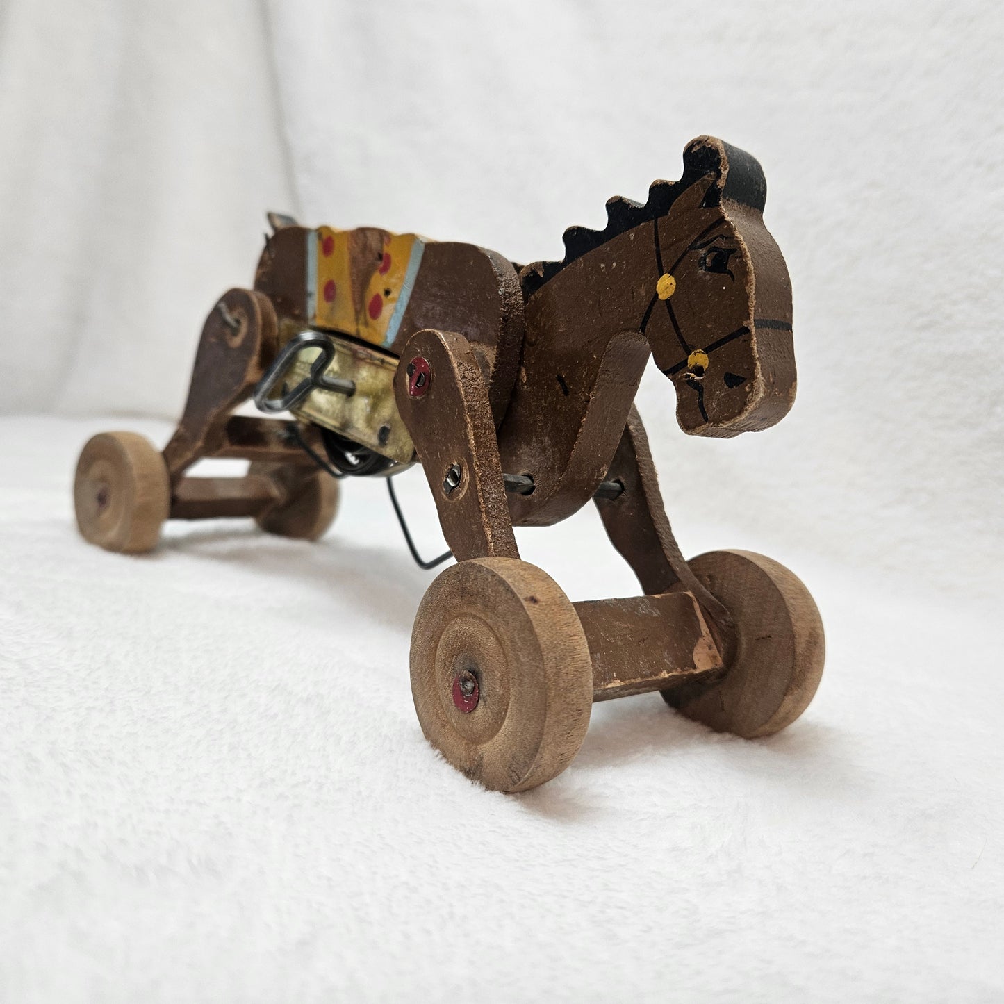 Vintage Wind-Up Walking Horse Toy Made in Japan Mechanical Pull Toy 1950s Wooden Toy