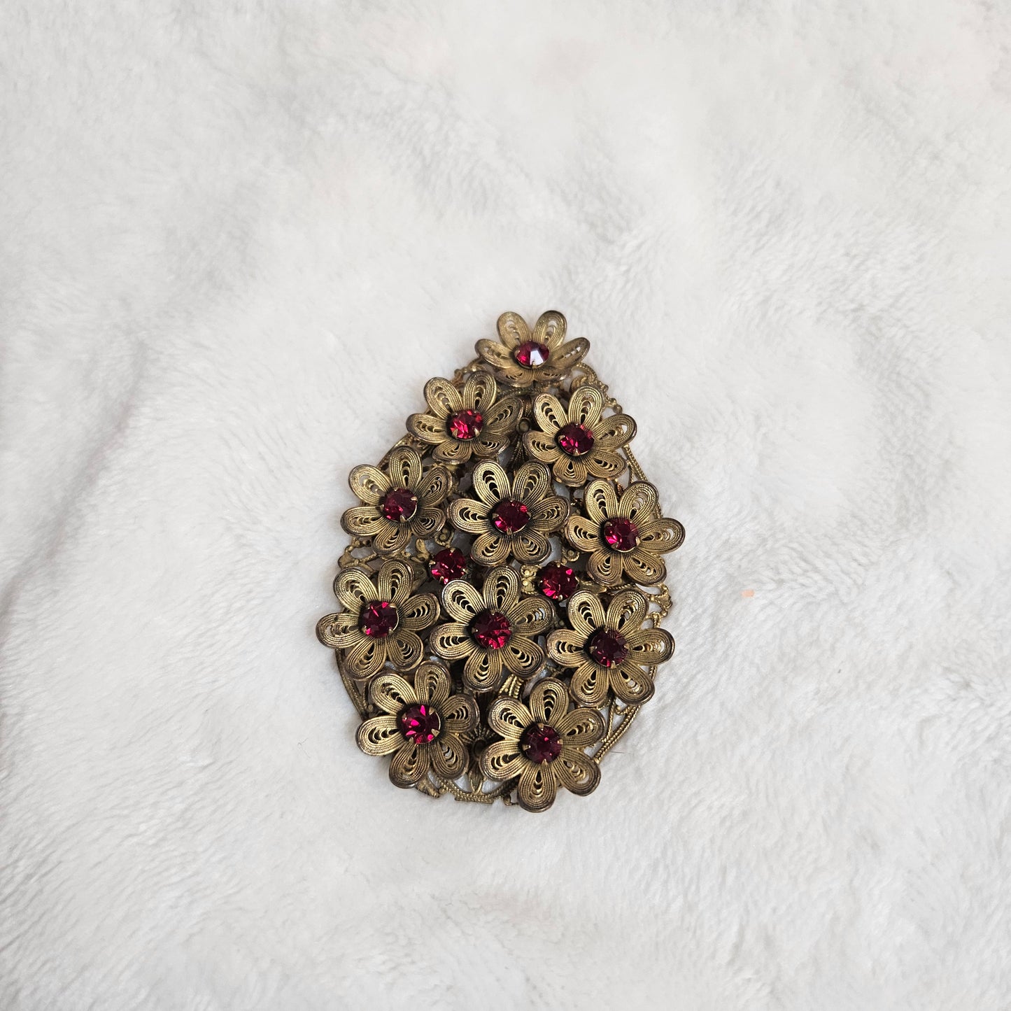 Filigree Flower Pendant Red Rhinestone Statement