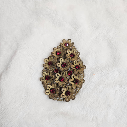 Vintage Filigree Flower Pendant Red Rhinestone Statement
