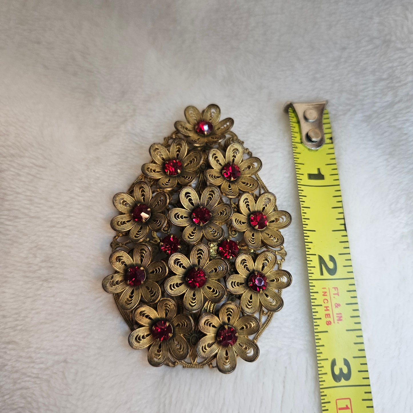 Filigree Flower Pendant Red Rhinestone Statement