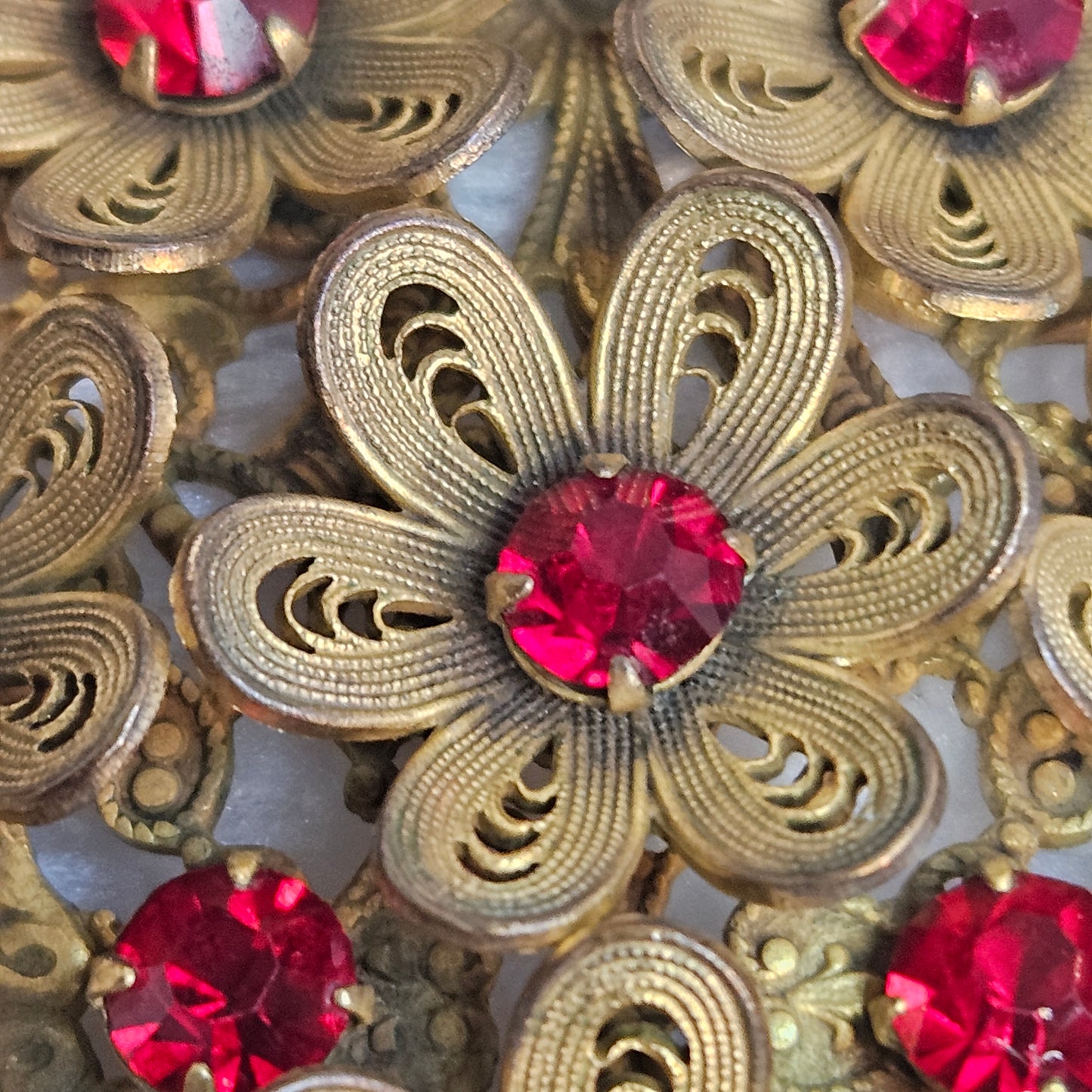Filigree Flower Pendant Red Rhinestone Statement
