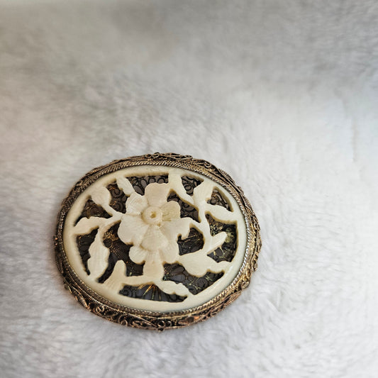 Vintage Filigree Floral Brooch Carved Center Statement Pin