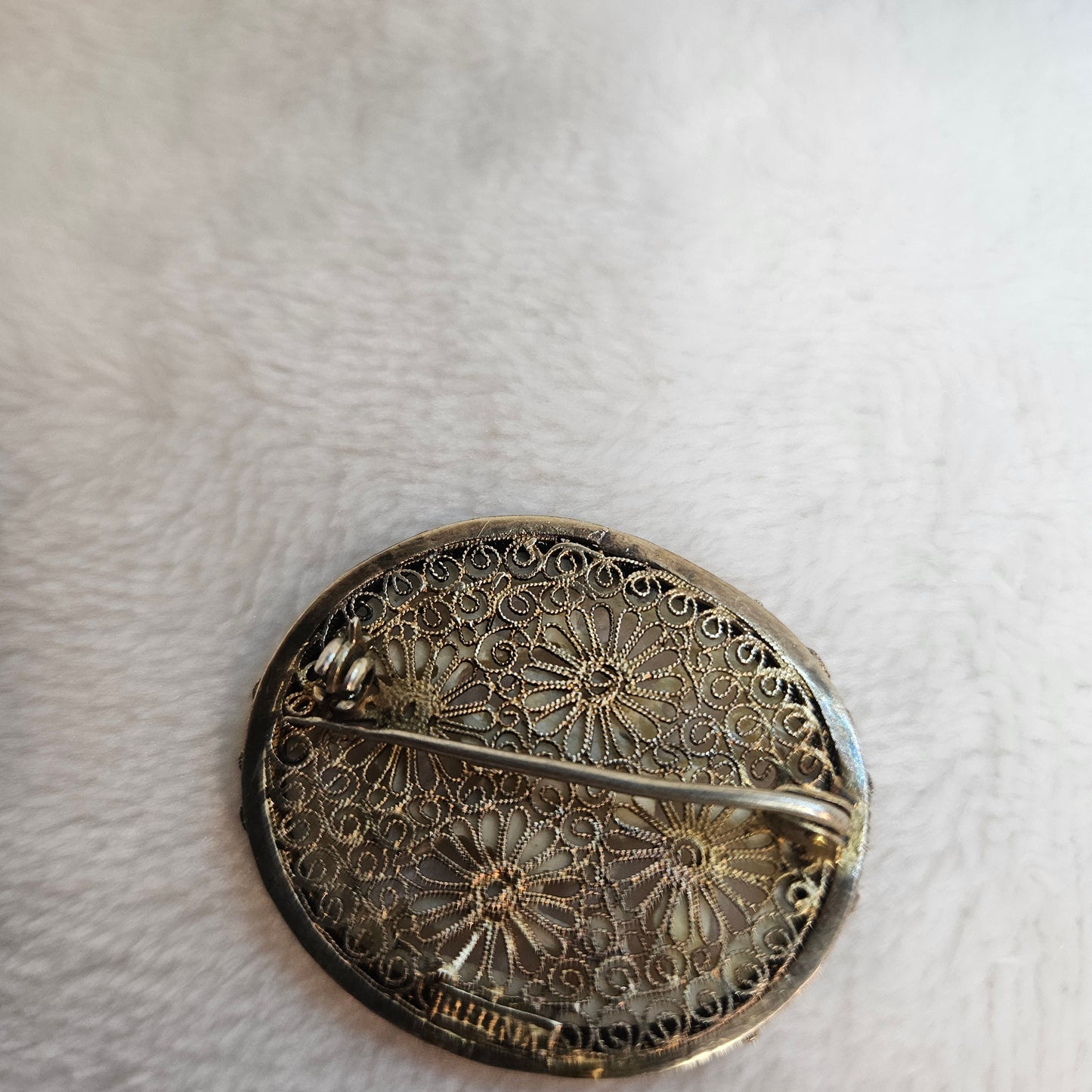 Filigree Floral Brooch Carved Center Statement Pin